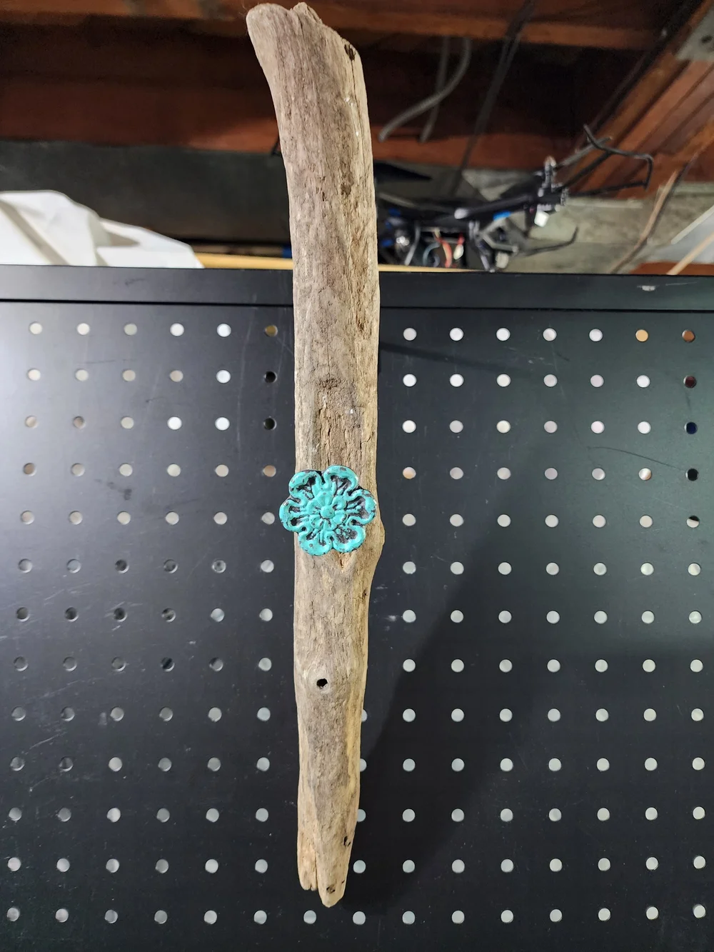 Handcrafted Driftwood Wall Hanger Accent with Turquoise Floral Knob